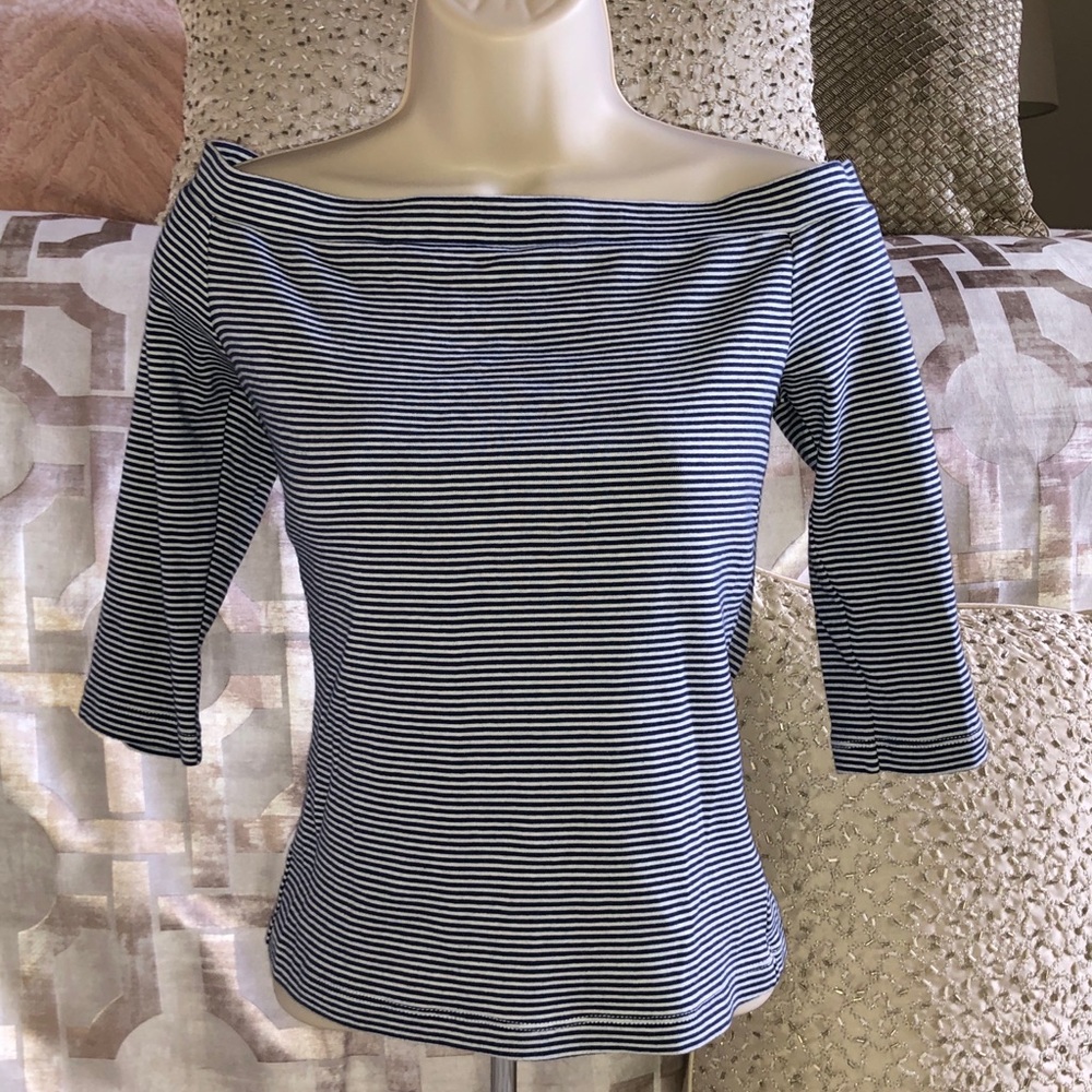 La Vie Off the Shoulder Navy Striped Tee